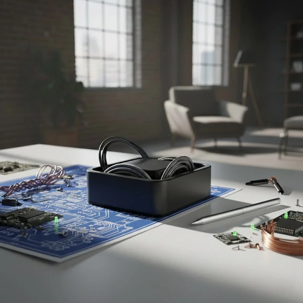 Organized desk with various cable management solutions