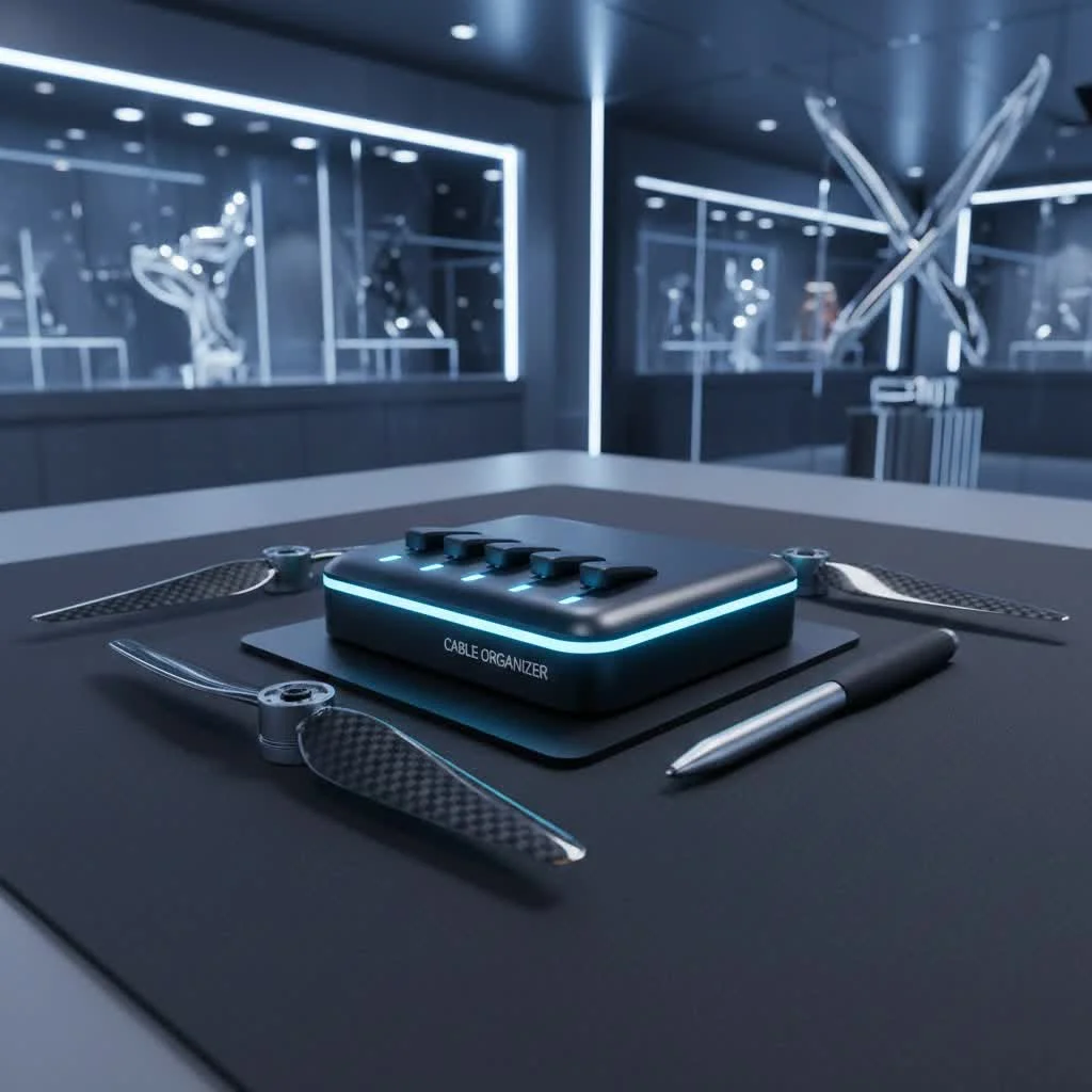 Organized desk with various cable management solutions