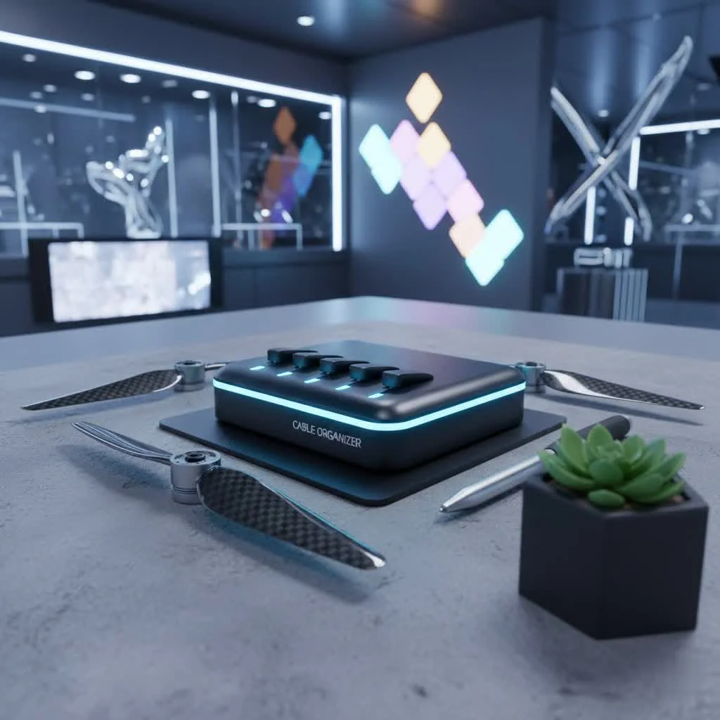 Organized desk with a large cable management box