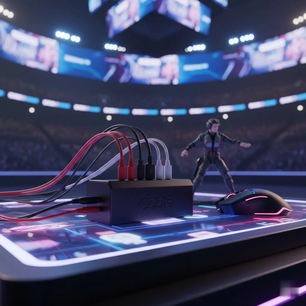 Organized cables behind a desk with a monitor and keyboard
