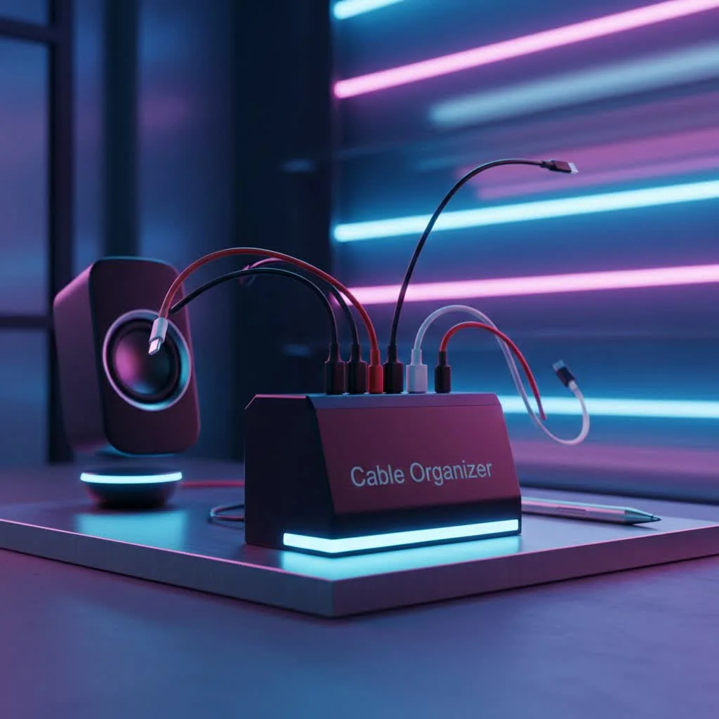 Organized phone cables on a desk with a charging station
